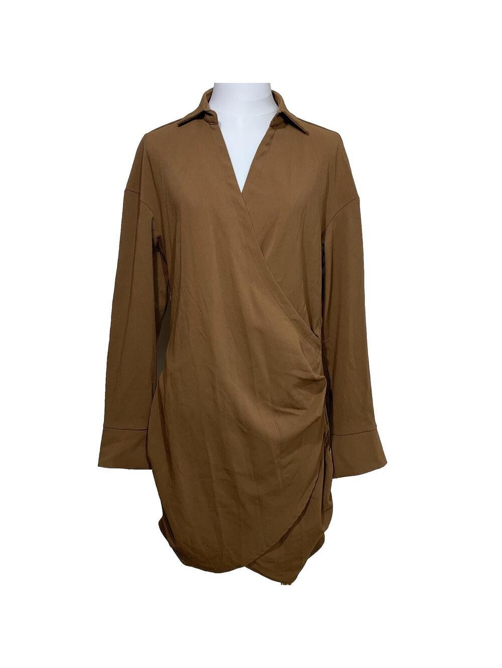 SHEIN Wrap Mini Dress Womens Size M Brown Long Sleeve Ruched Collared Crepe